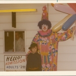Characters roamed the grounds before the movies began.  The man selling tickets in Dale Beck, William and Alice's son.  The boy posing with the clown is Brian Beck, Dale's son.